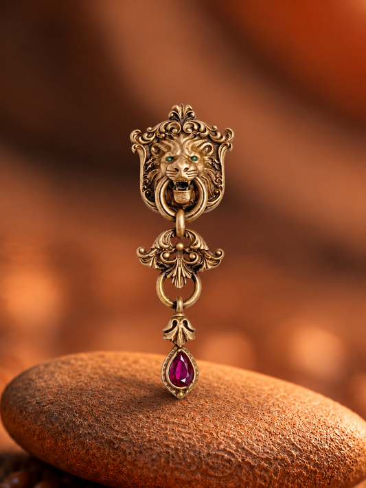 The Regal Lion Knocker brooch - antique gold brooch for men with regal lion knocker motif, worn on outfit