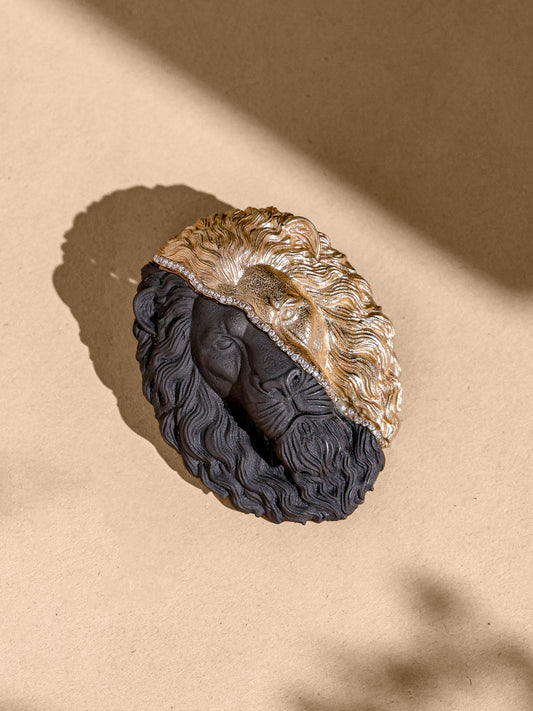 The Dual-Tone Lion Majesty brooch - antique gold brooch for men with dual tone lion majesty motif, front view