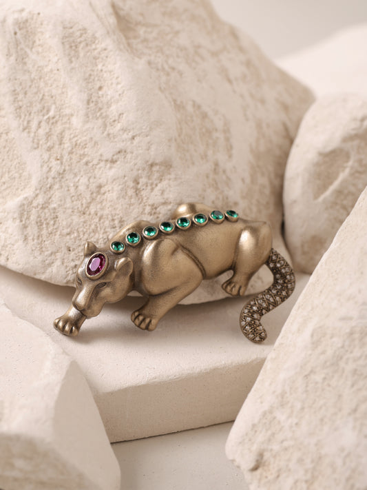 The Jeweled Resting Tiger brooch - antique gold brooch for men with jeweled resting tiger motif, back view