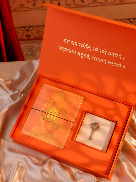 The Ram Darbar Gada brooch - antique gold brooch for men with ram darbar gada motif, angled view