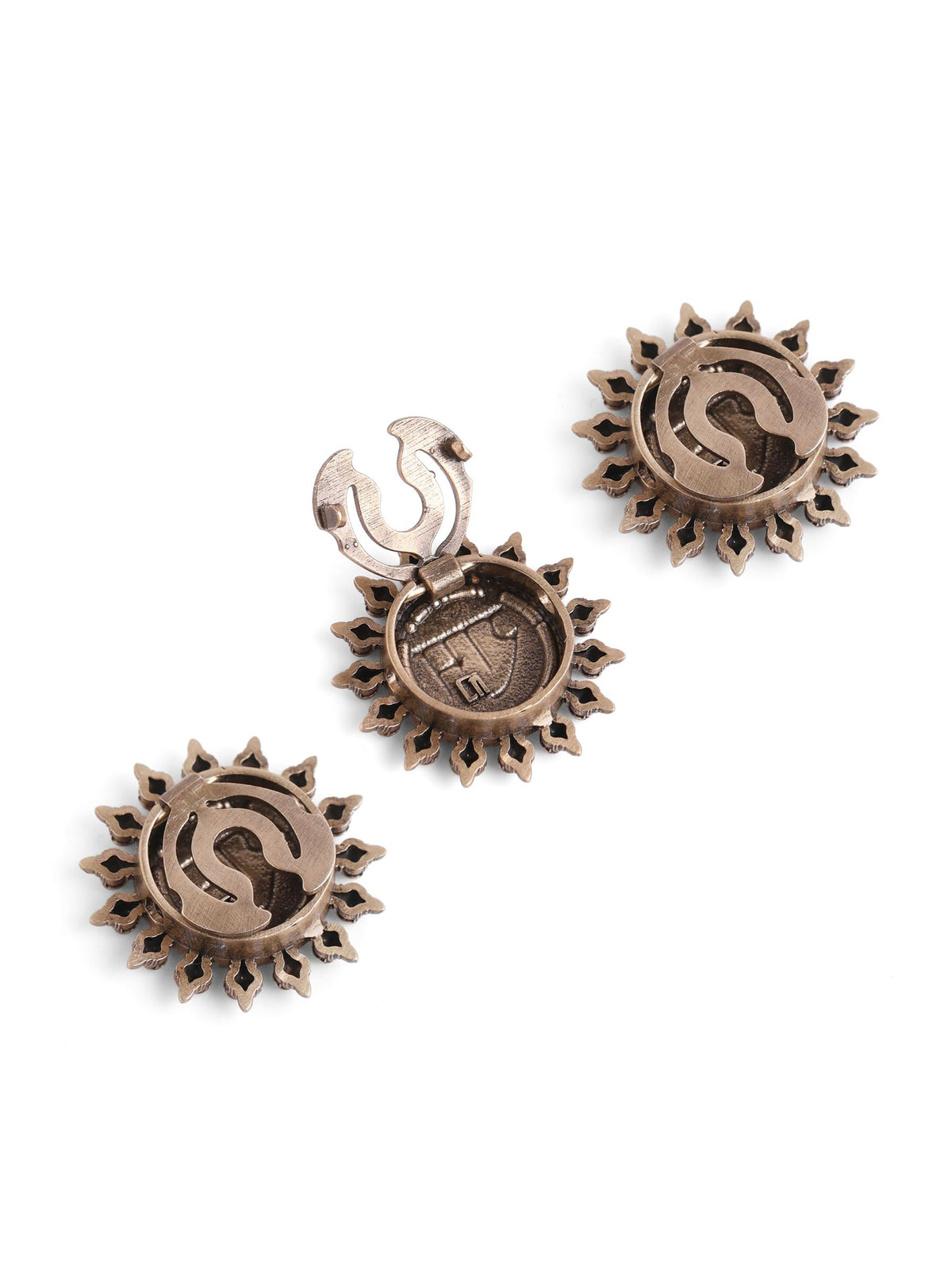 Ram Tejas button Cover - antique gold accessory for men with ram tejas cover motif, back view