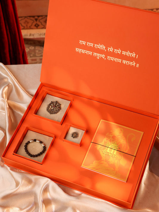 Hanuman Kavach gift set - antique gold gift set for men with hanuman kavach motif, angled view