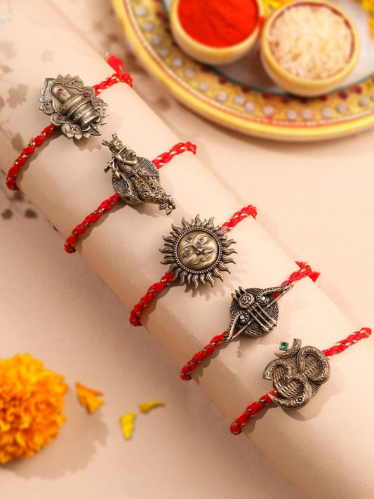 Lord Krishna, Shivling, Surya Dev, Om & Khatu Shyam Tridhanush Rakhi Button Cover – Pack of 5