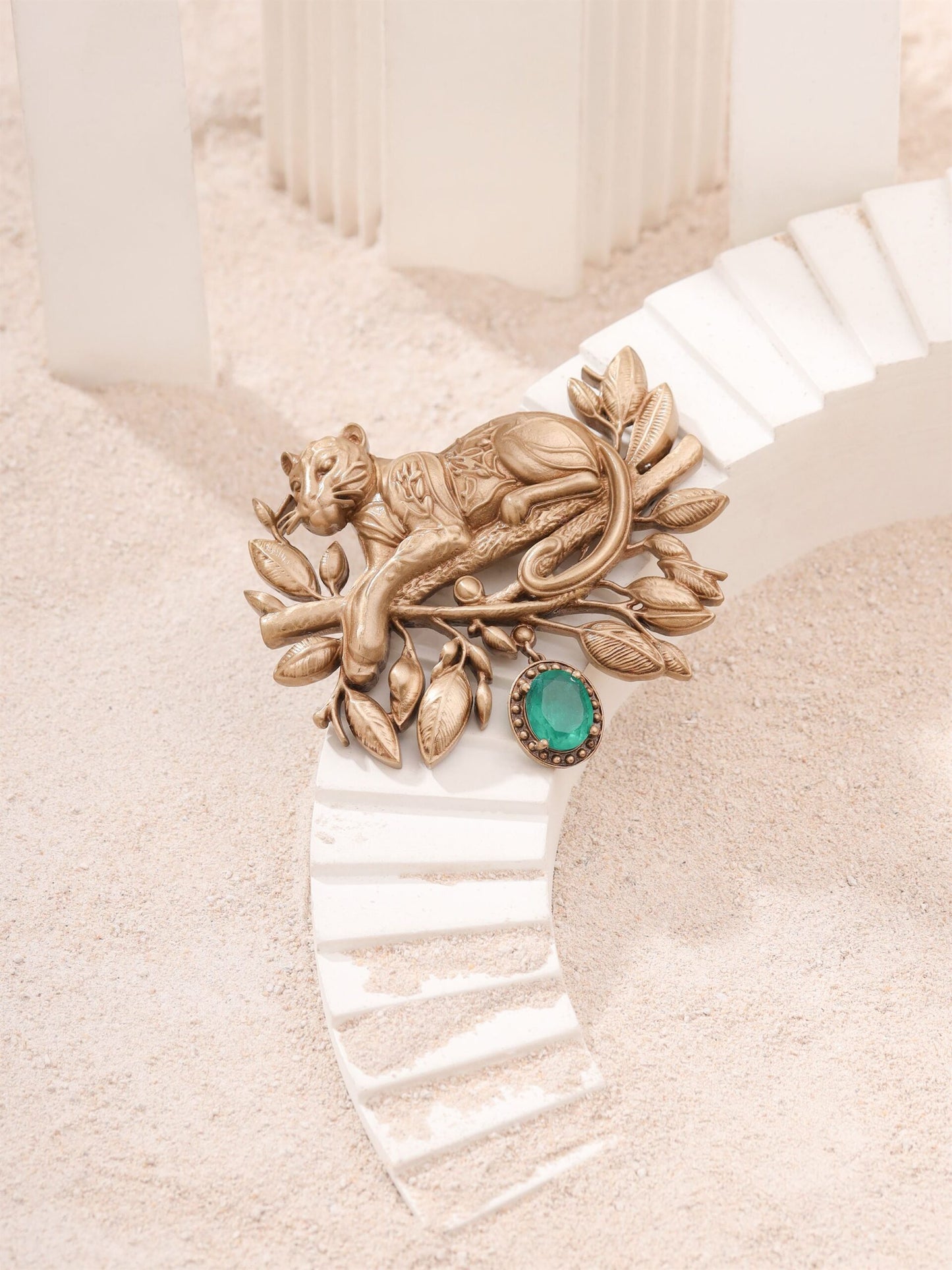 Glass Emerald Panther Brooch