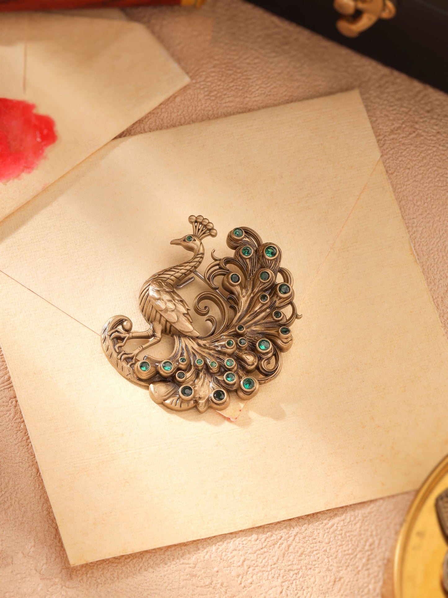Emerald Plume Peacock Brooch