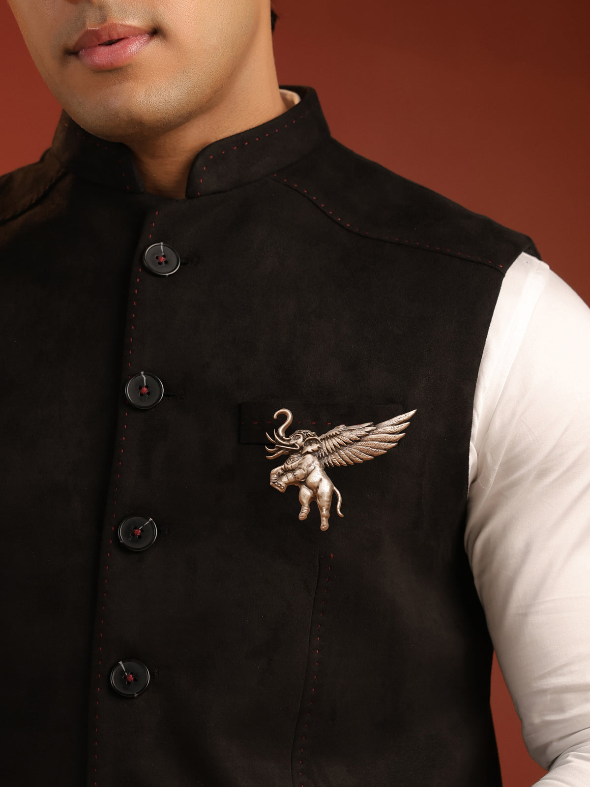 The Divine Airavat Brooch - antique gold brooch for men with the divine airavat motif, angled view