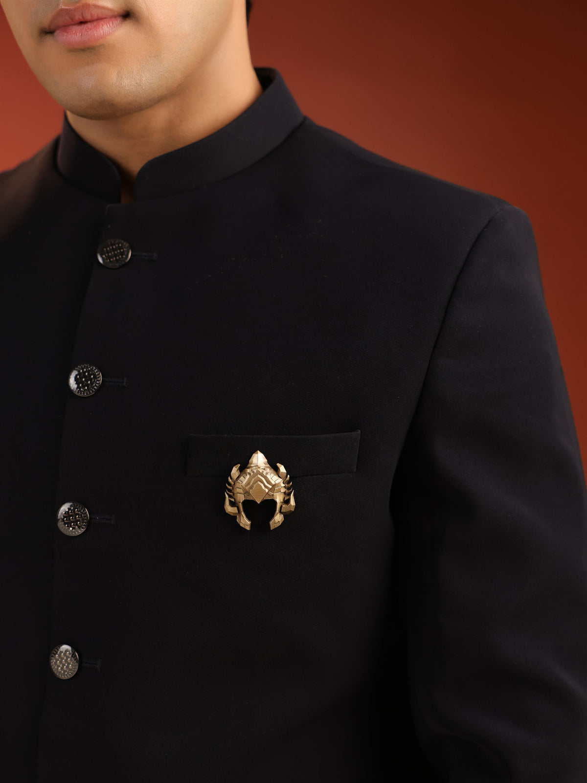 The Warrior's Kavach brooch - antique gold brooch for men with warrior s kavach motif, close-up view