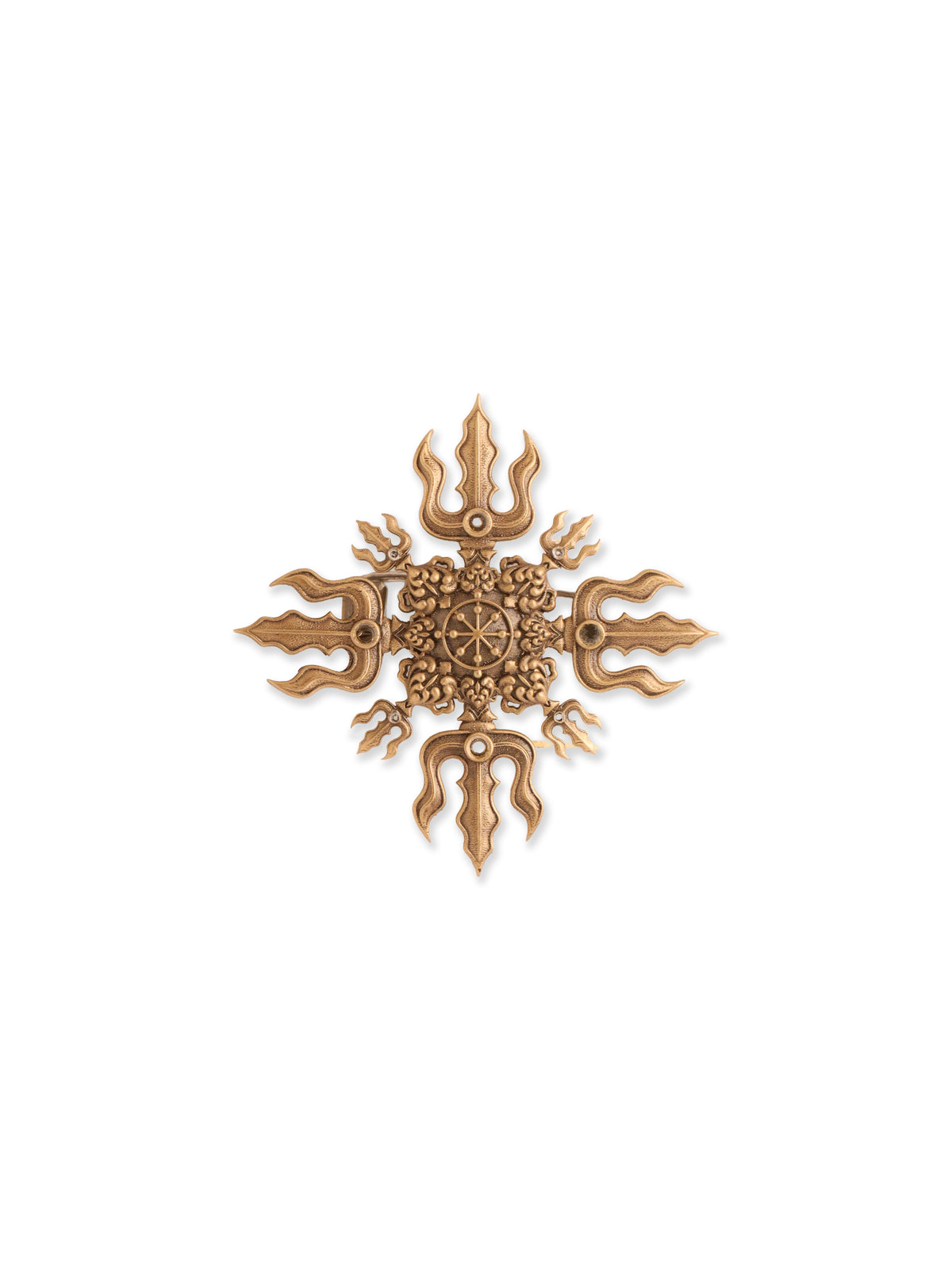The Sacred Trishul Chakra Brooch - antique gold brooch for men with the sacred trishul chakra motif, side view