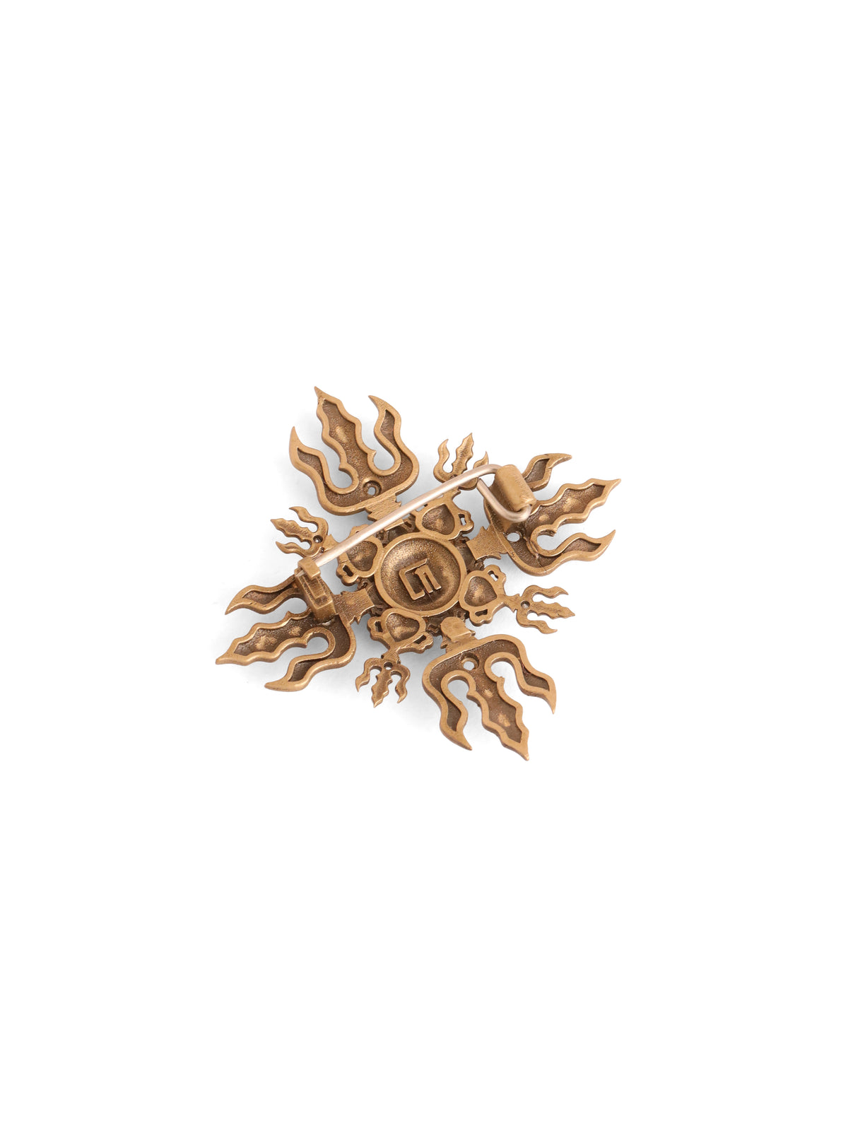 The Sacred Trishul Chakra Brooch - antique gold brooch for men with the sacred trishul chakra motif, flat lay view