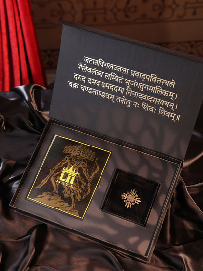 The Sacred Trishul Chakra brooch - antique gold brooch for men with sacred trishul chakra motif, angled view