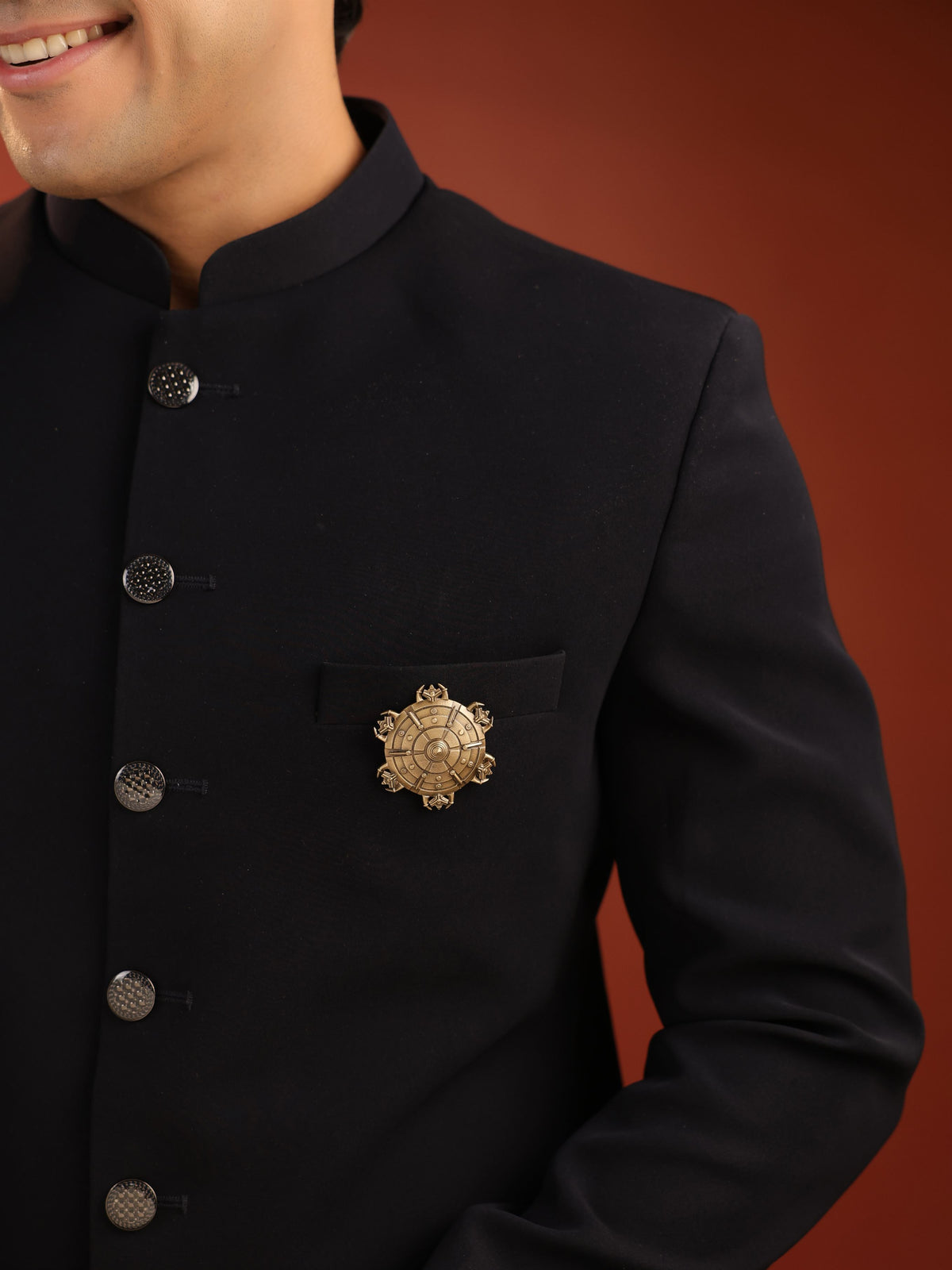The Imperial Battle Shield brooch - antique gold brooch for men with imperial battle shield motif, side view