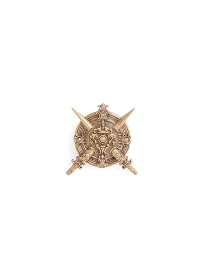 The Crossed Swords & Shield brooch - antique gold brooch for men with crossed swords & shield motif, detail view