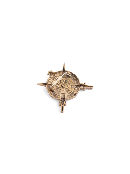 The Crossed Swords & Shield brooch - antique gold brooch for men with crossed swords & shield motif, back view