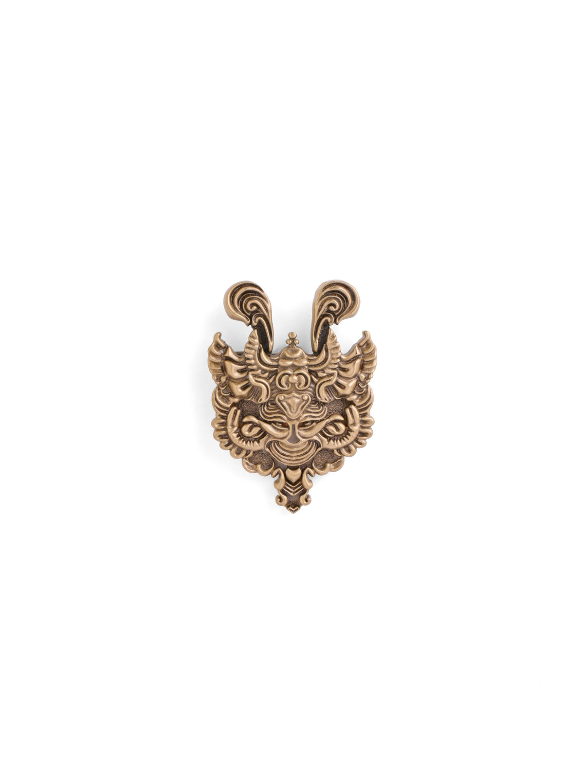 The Mythic Guardian Mask brooch - antique gold brooch for men with mythic guardian mask motif, detail view