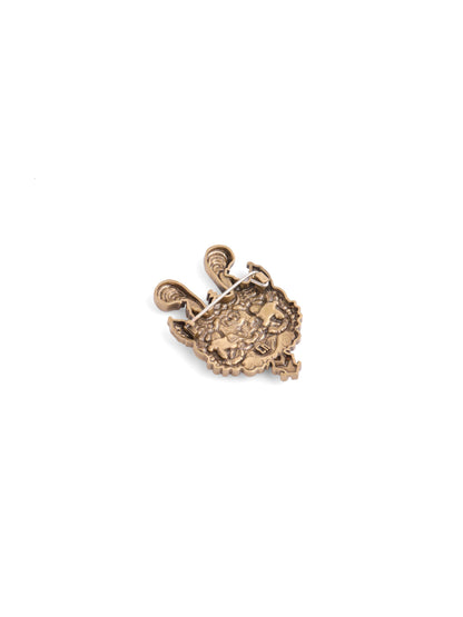 The Mythic Guardian Mask brooch - antique gold brooch for men with mythic guardian mask motif, back view