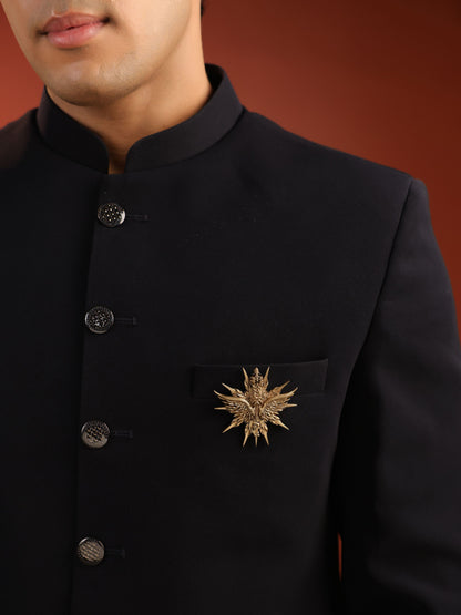 The Celestial Winged Crest brooch - antique gold brooch for men with celestial winged crest motif, worn on outfit
