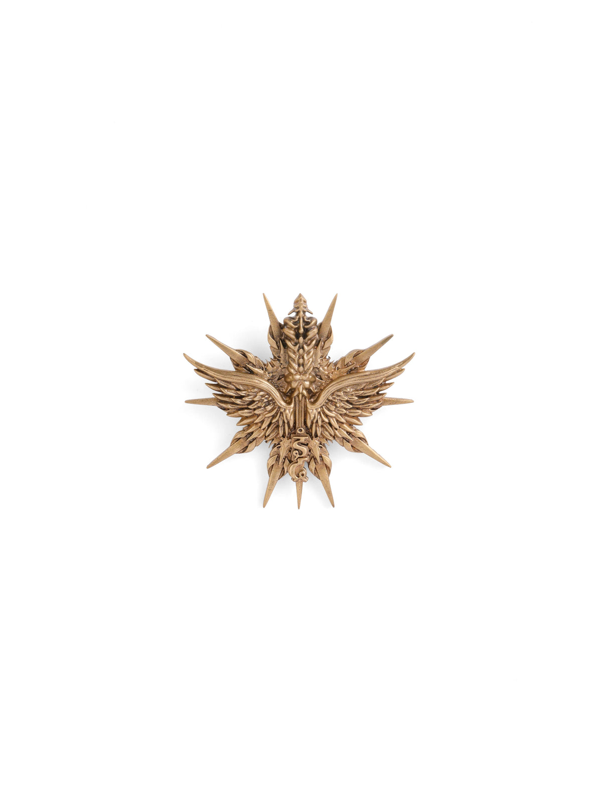 The Celestial Winged Crest brooch - antique gold brooch for men with celestial winged crest motif, side view