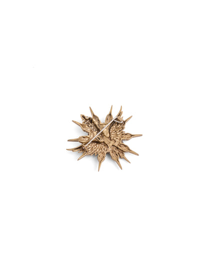 The Celestial Winged Crest brooch - antique gold brooch for men with celestial winged crest motif, back view