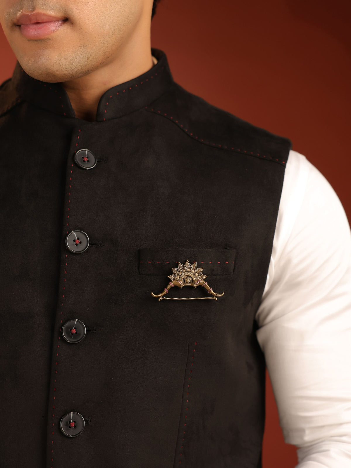 The Royal Sun Bow brooch - antique gold brooch for men with royal sun bow motif, worn on outfit