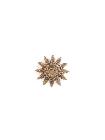 The Sacred Sunwheel brooch - antique gold brooch for men with sacred sunwheel motif, worn on outfit