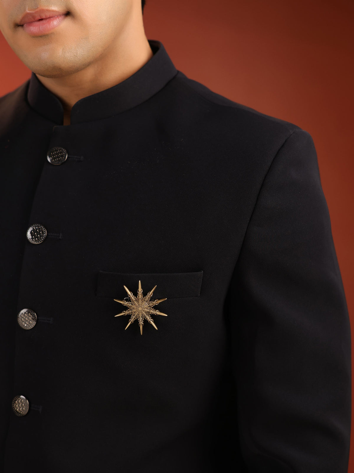 The Radiant Starburst brooch - antique gold brooch for men with radiant starburst motif, front view