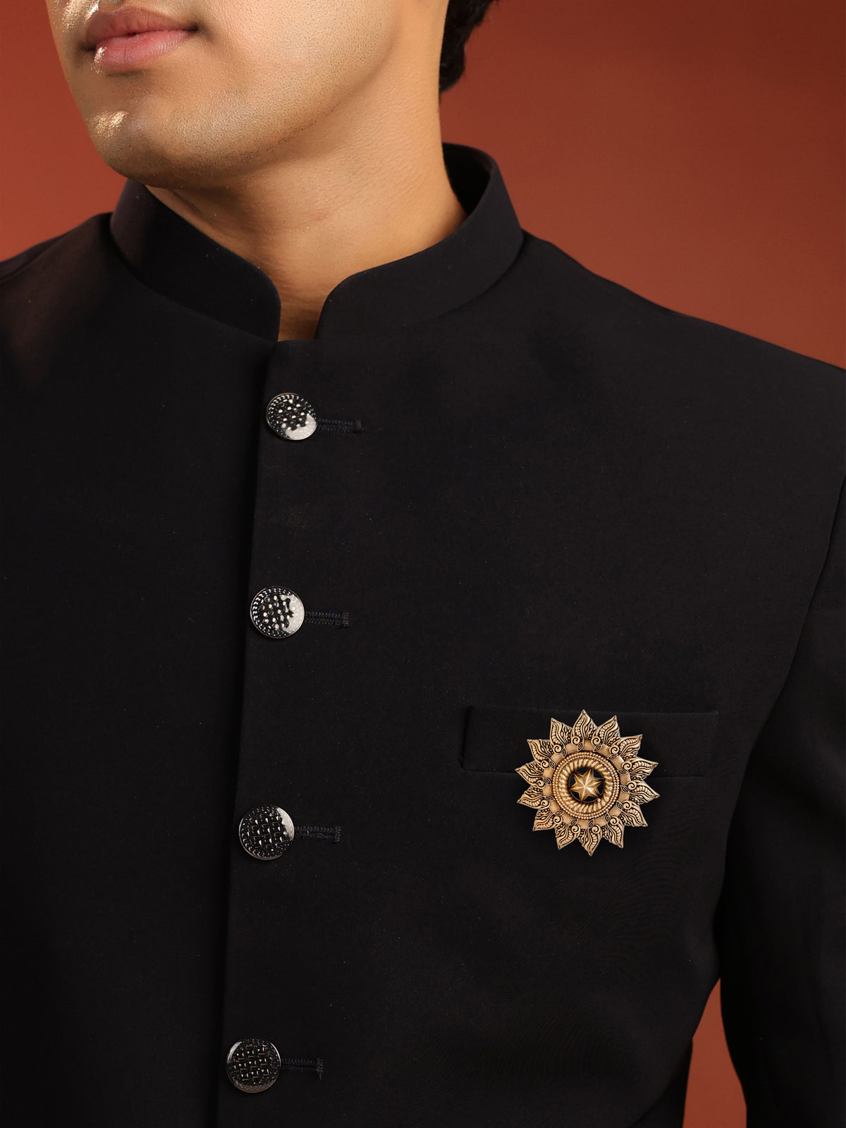 The Celestial Sun brooch - antique gold brooch for men with celestial sun motif, front view