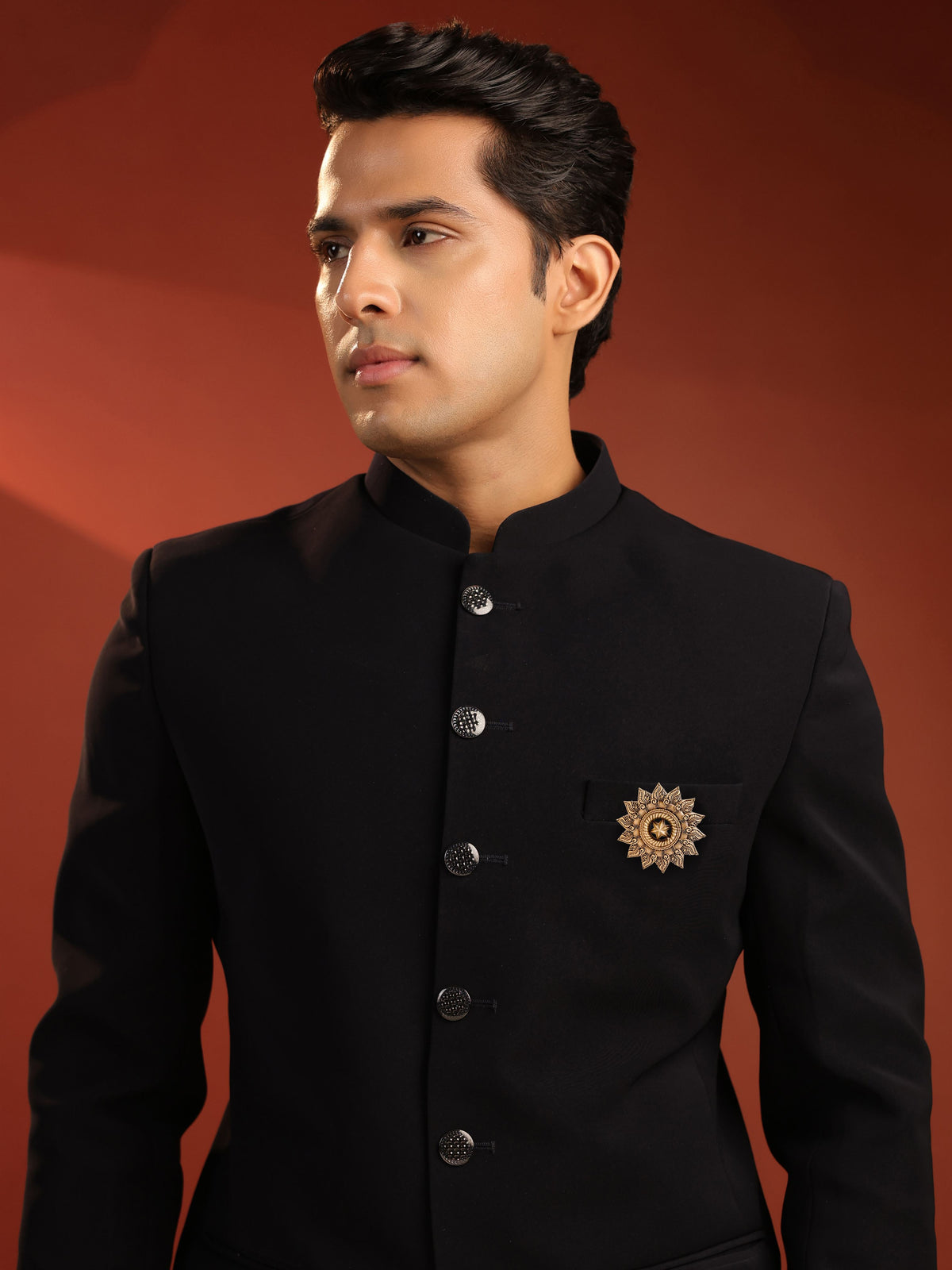 The Celestial Sun brooch - antique gold brooch for men with celestial sun motif, worn on outfit