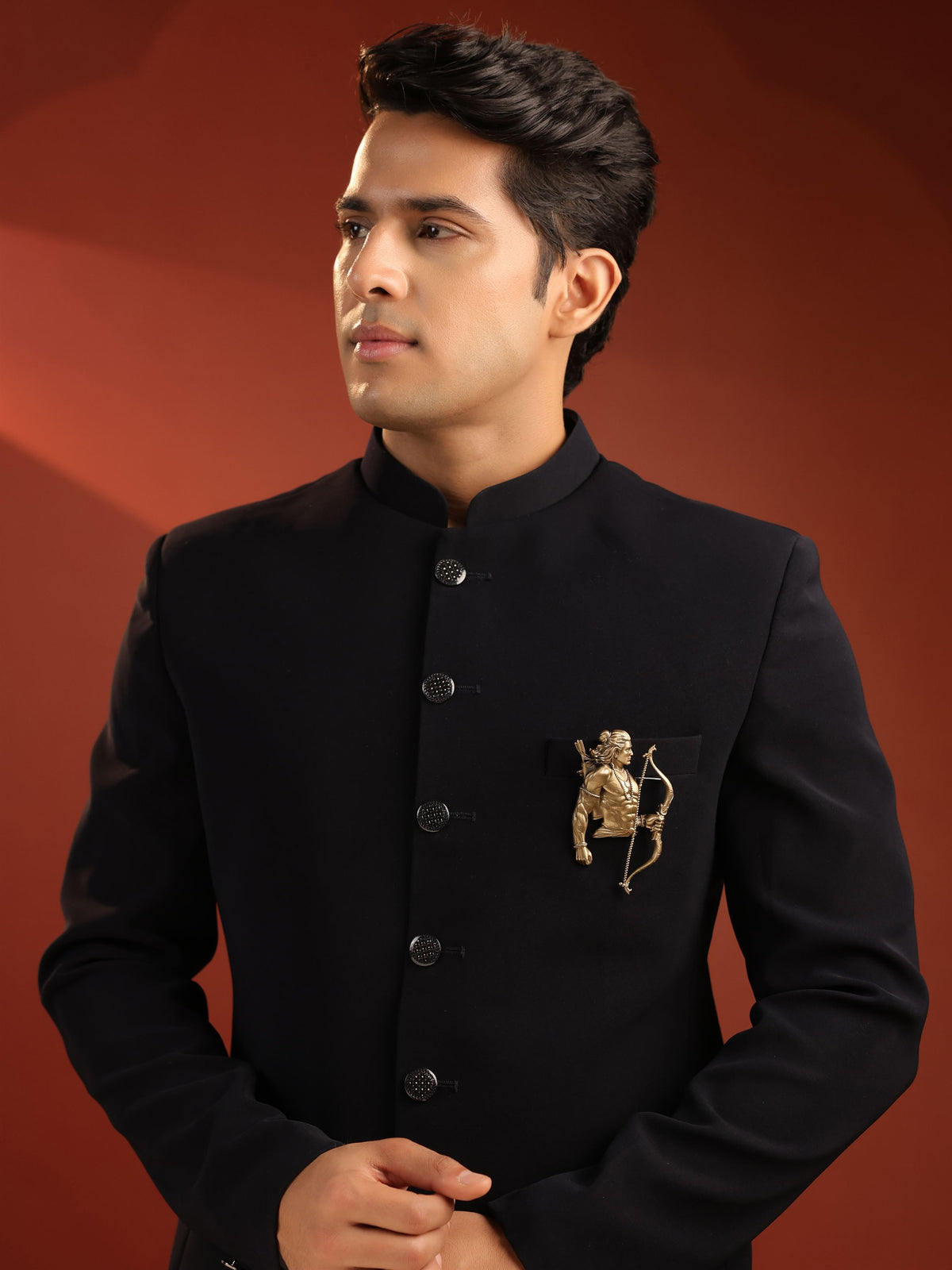 The Divine Archer Ram brooch - antique gold brooch for men with divine archer ram motif, detail view