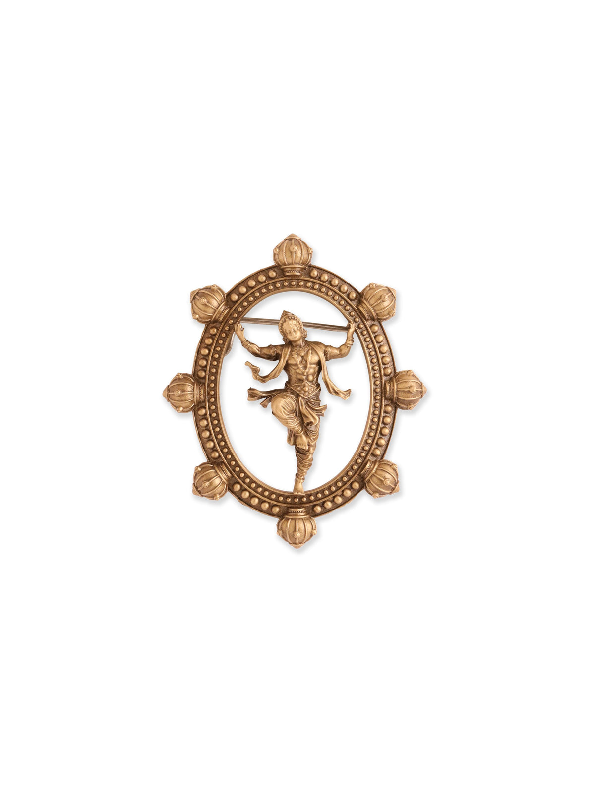 The Divine Hanuman Dance Brooch - antique gold brooch for men with the divine hanuman dance motif, close-up view
