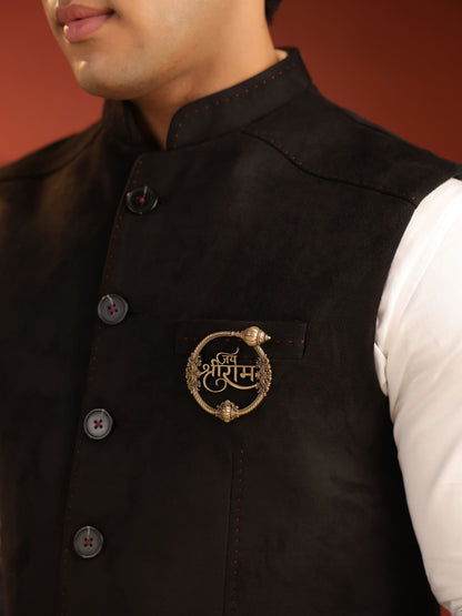 The Jai Shri Ram Emblem brooch - antique gold brooch for men with jai shri ram emblem motif, close-up view