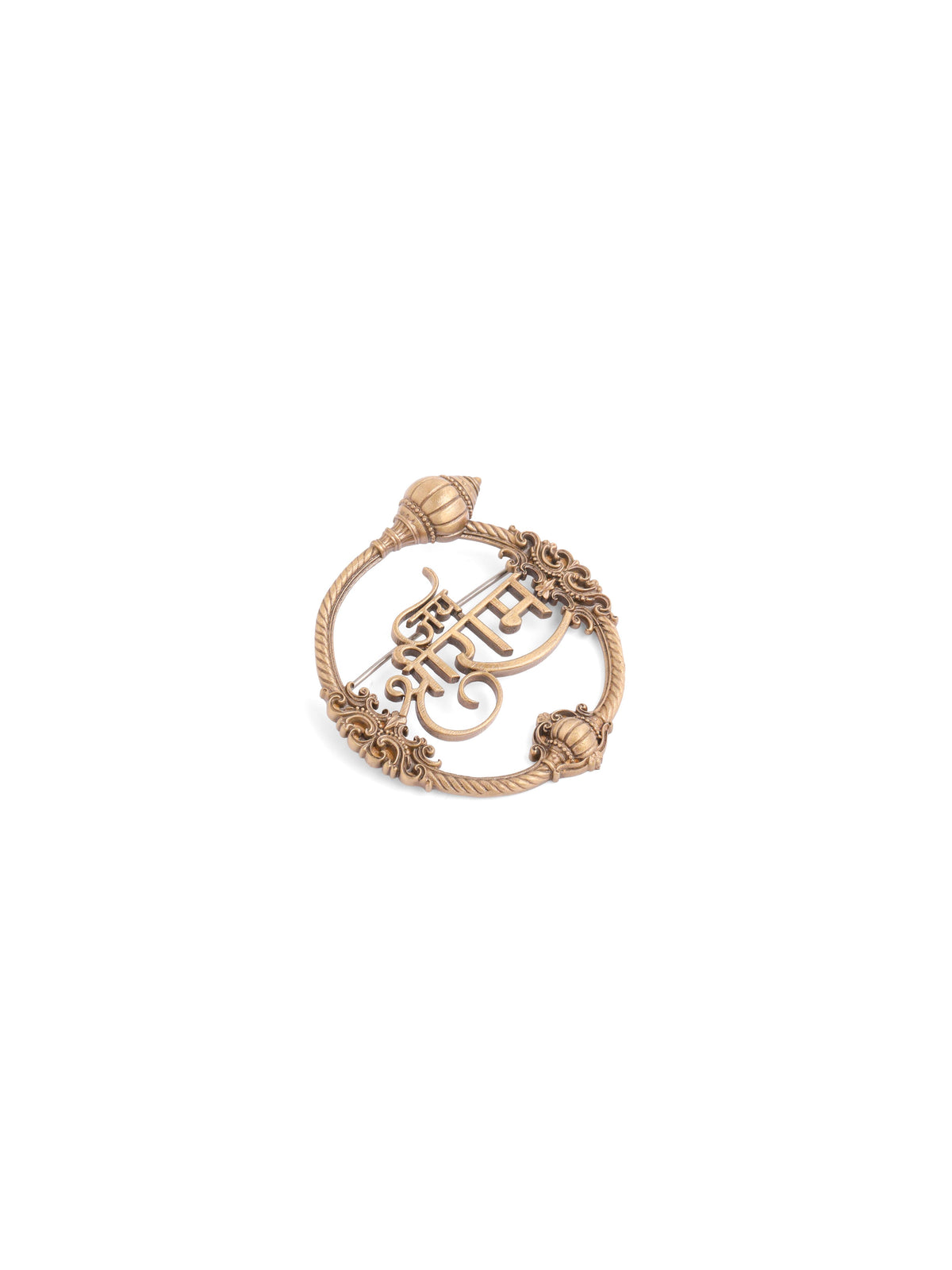 The Jai Shri Ram Emblem brooch - antique gold brooch for men with jai shri ram emblem motif, top view