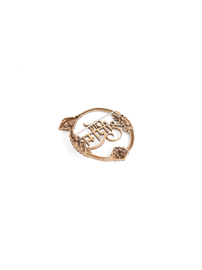 The Jai Shri Ram Emblem brooch - antique gold brooch for men with jai shri ram emblem motif, three-quarter view
