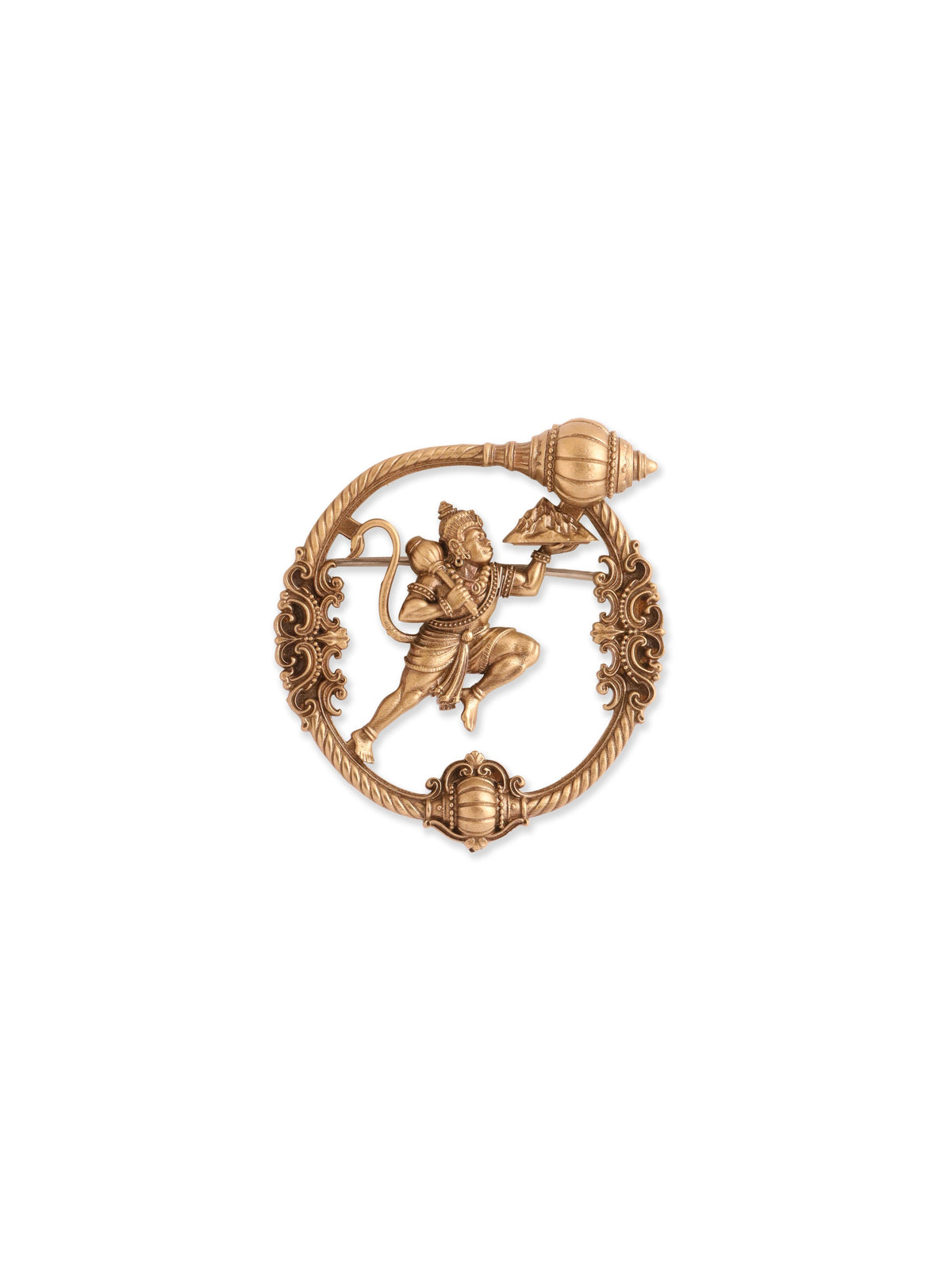 The Sanjeevani Hanuman Brooch - antique gold brooch for men with the sanjeevani hanuman motif, flat lay view