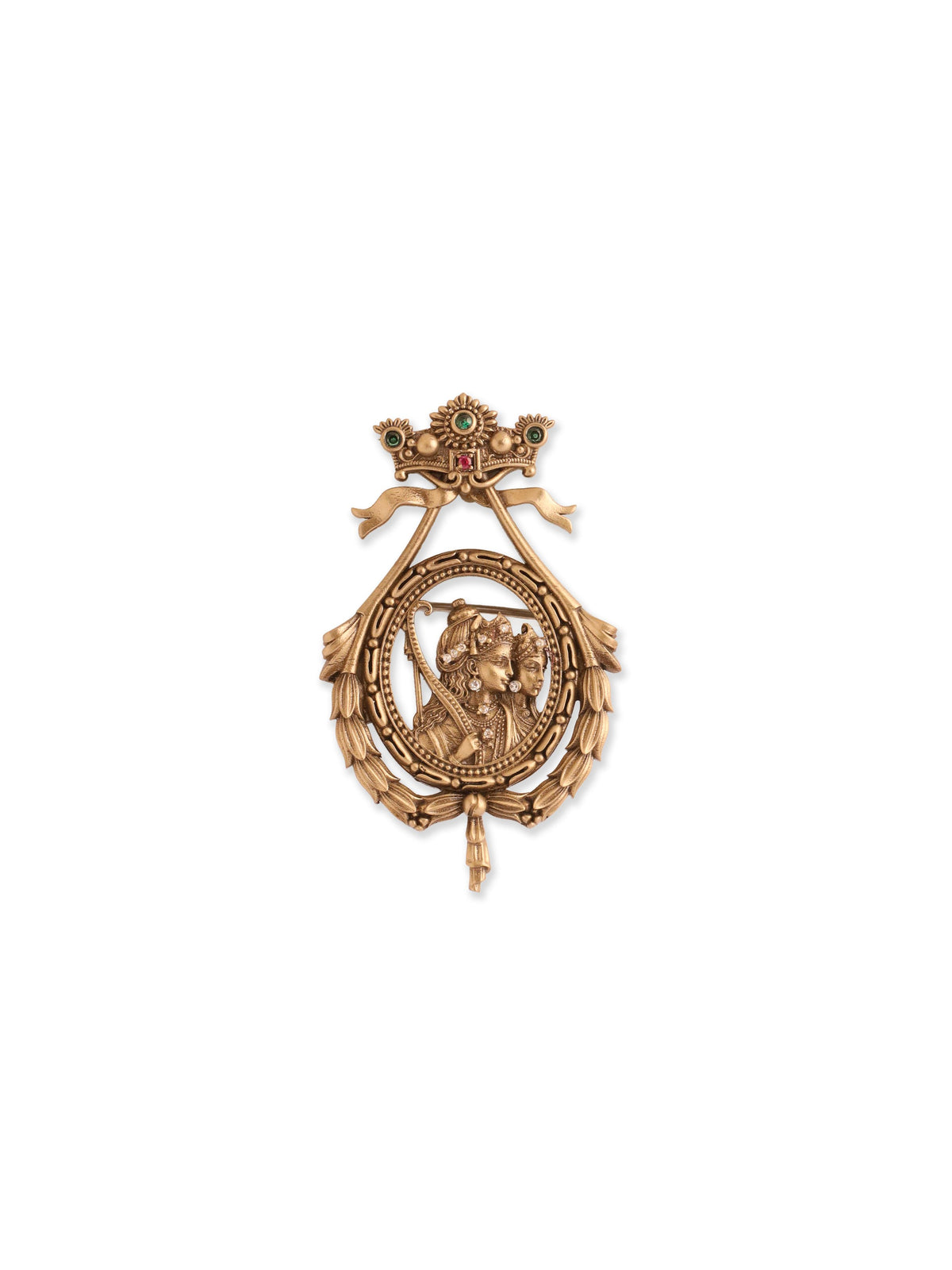 The Divine Radha Krishna Brooch - antique gold brooch for men with the divine radha krishna motif, flat lay view
