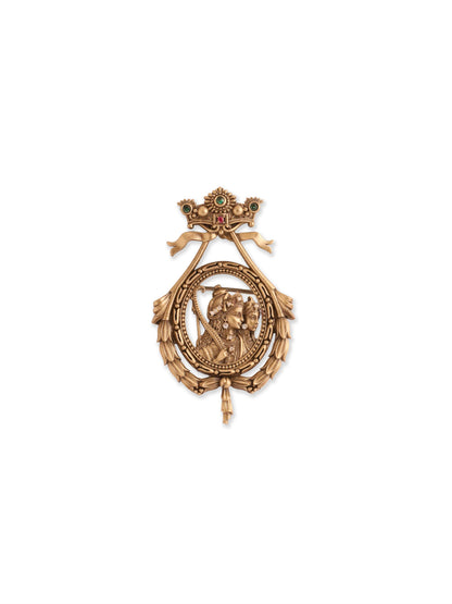 The Divine Radha Krishna Brooch - antique gold brooch for men with the divine radha krishna motif, flat lay view