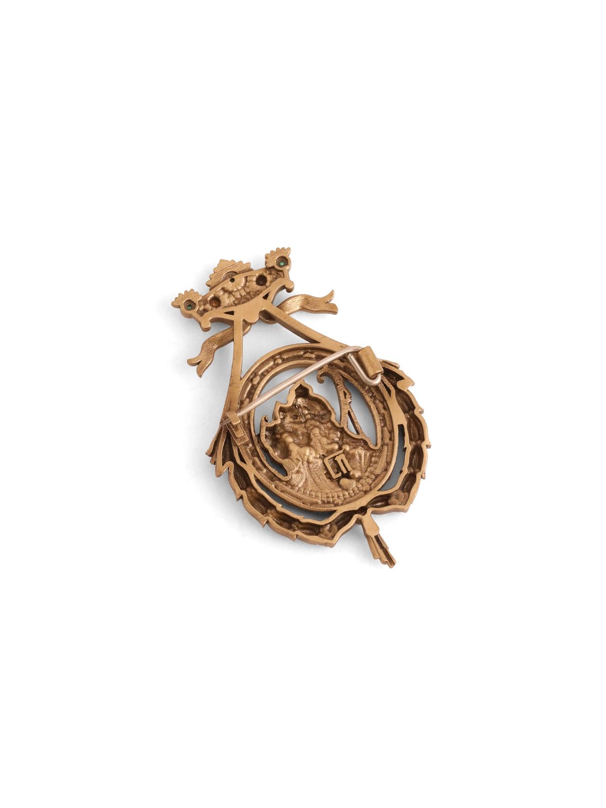 The Divine Radha Krishna Brooch - antique gold brooch for men with the divine radha krishna motif, close-up view