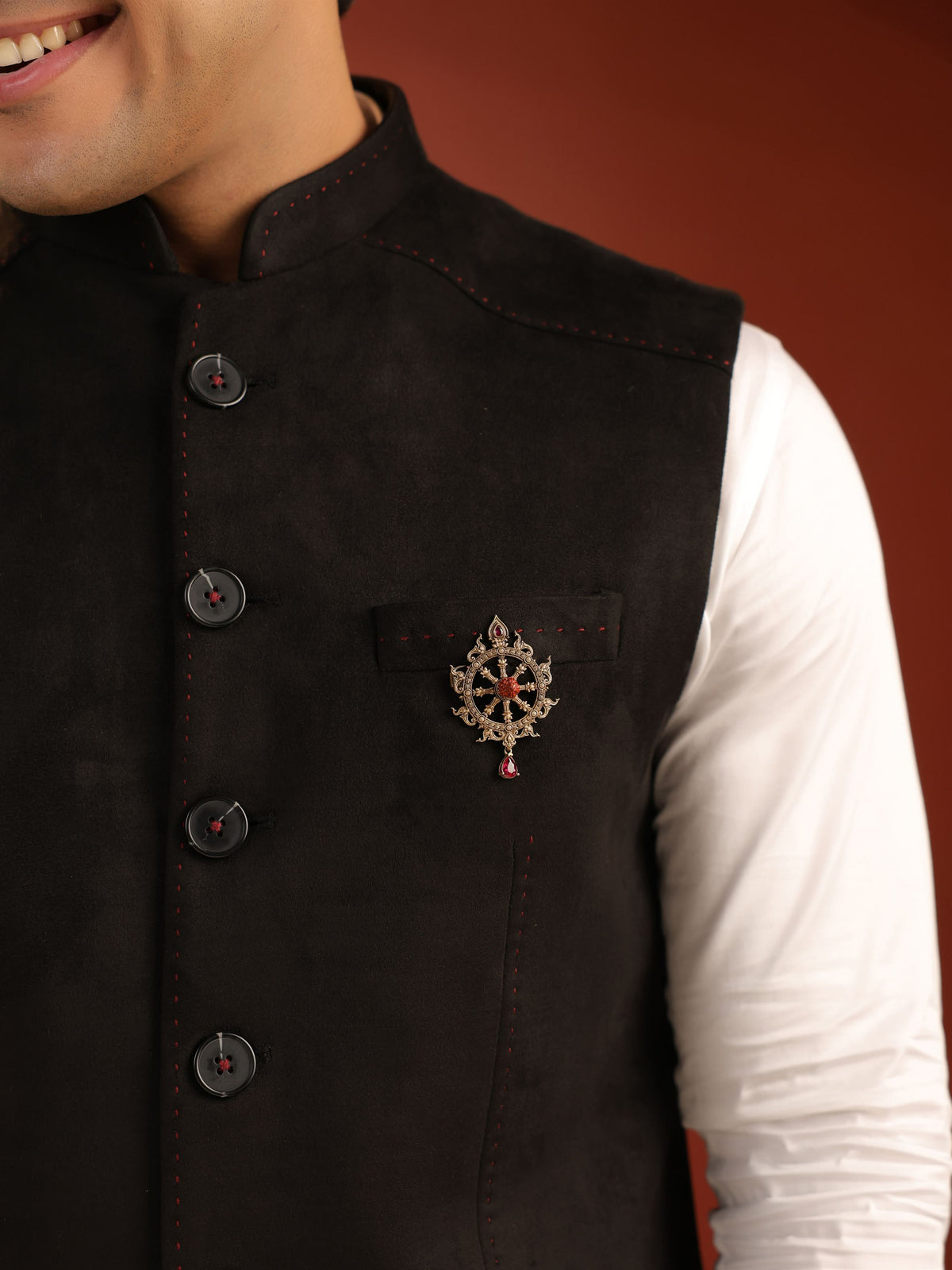The Sacred Dharma Chakra brooch - antique gold brooch for men with sacred dharma chakra motif, front view