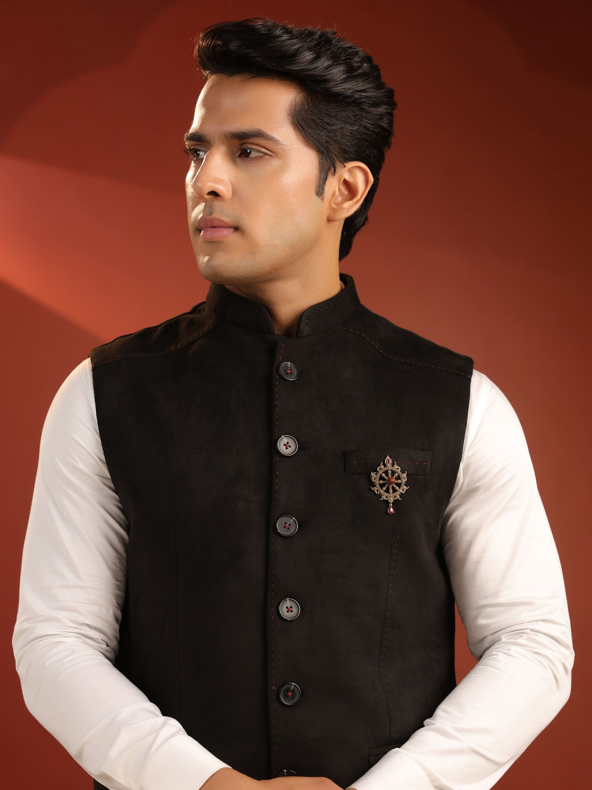 The Sacred Dharma Chakra brooch - antique gold brooch for men with sacred dharma chakra motif, worn on outfit