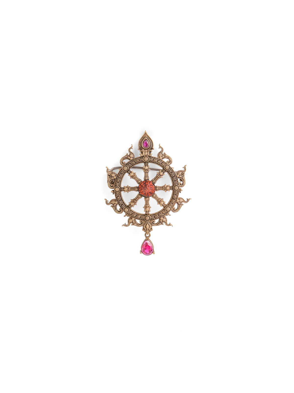 The Sacred Dharma Chakra brooch - antique gold brooch for men with sacred dharma chakra motif, detail view