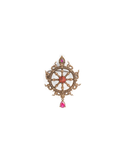 The Sacred Dharma Chakra brooch - antique gold brooch for men with sacred dharma chakra motif, detail view