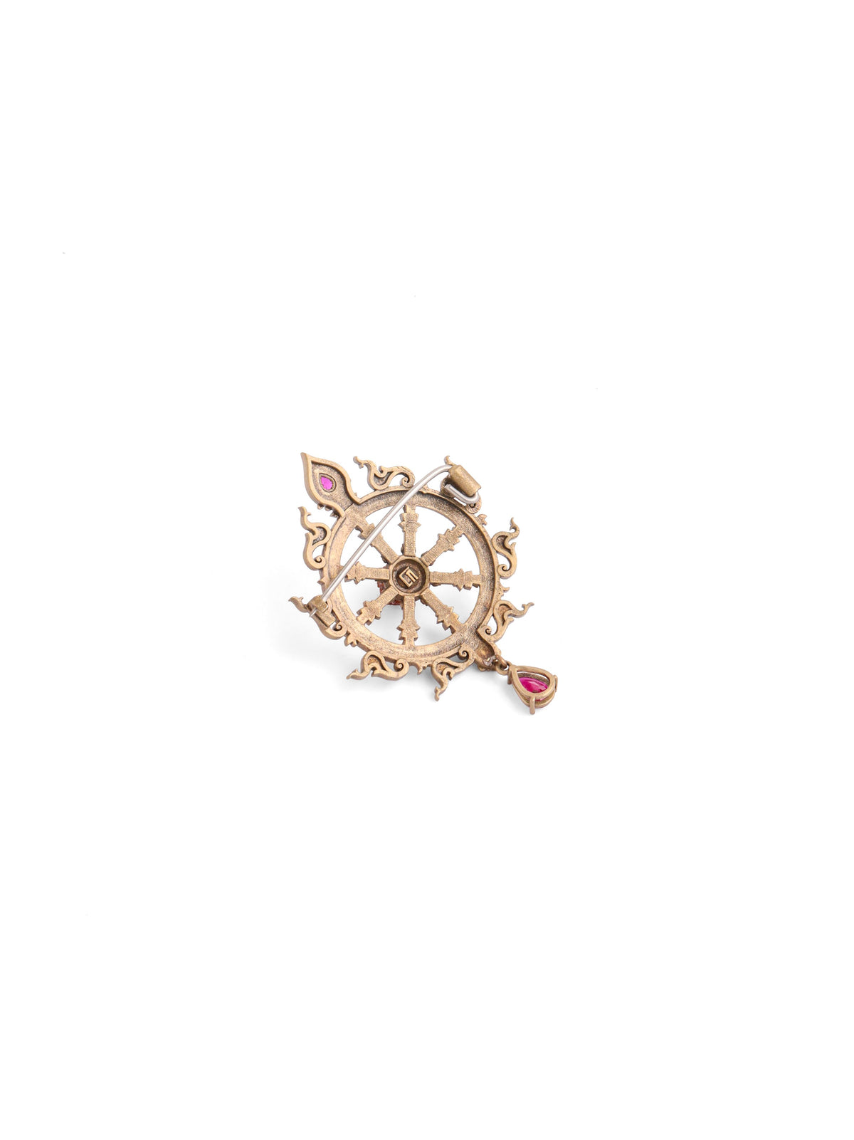 The Sacred Dharma Chakra brooch - antique gold brooch for men with sacred dharma chakra motif, back view
