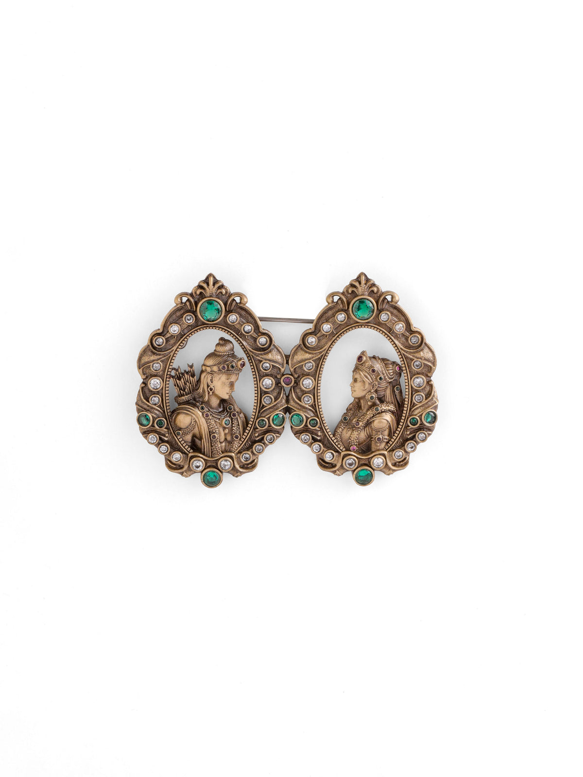 The Ram Sita Twin Portrait brooch - antique gold brooch for men with ram sita twin portrait motif, worn on outfit