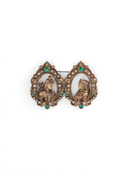 The Ram Sita Twin Portrait brooch - antique gold brooch for men with ram sita twin portrait motif, worn on outfit