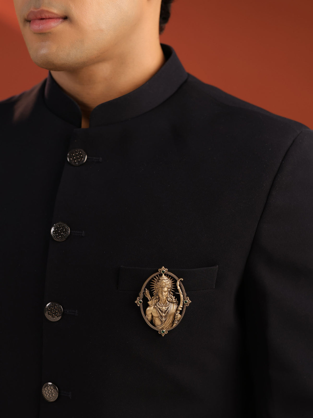 The Divine Ram Archer brooch - antique gold brooch for men with divine ram archer motif, worn on outfit