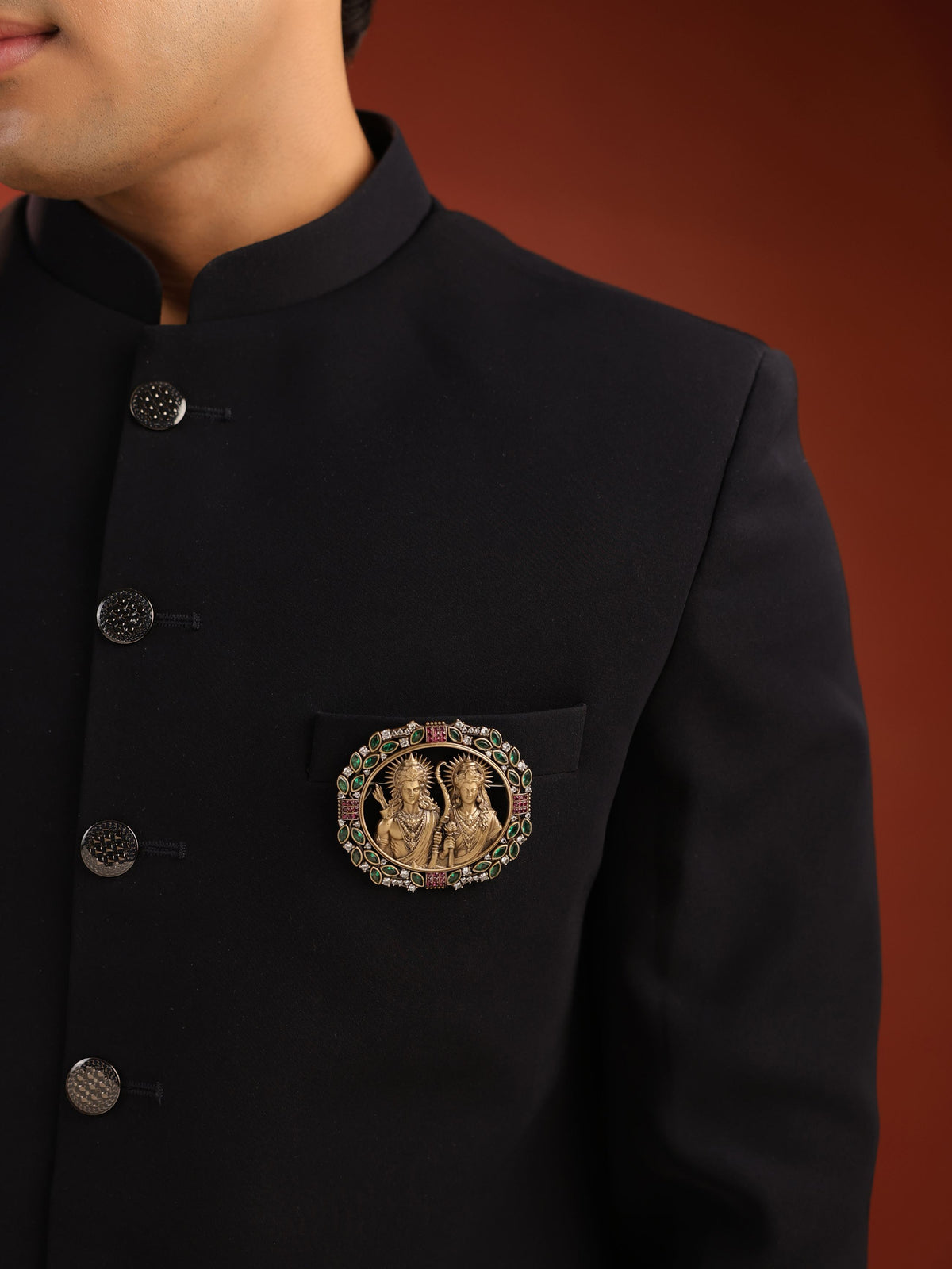 The Jeweled Ram Sita brooch - antique gold brooch for men with jeweled ram sita motif, worn on outfit