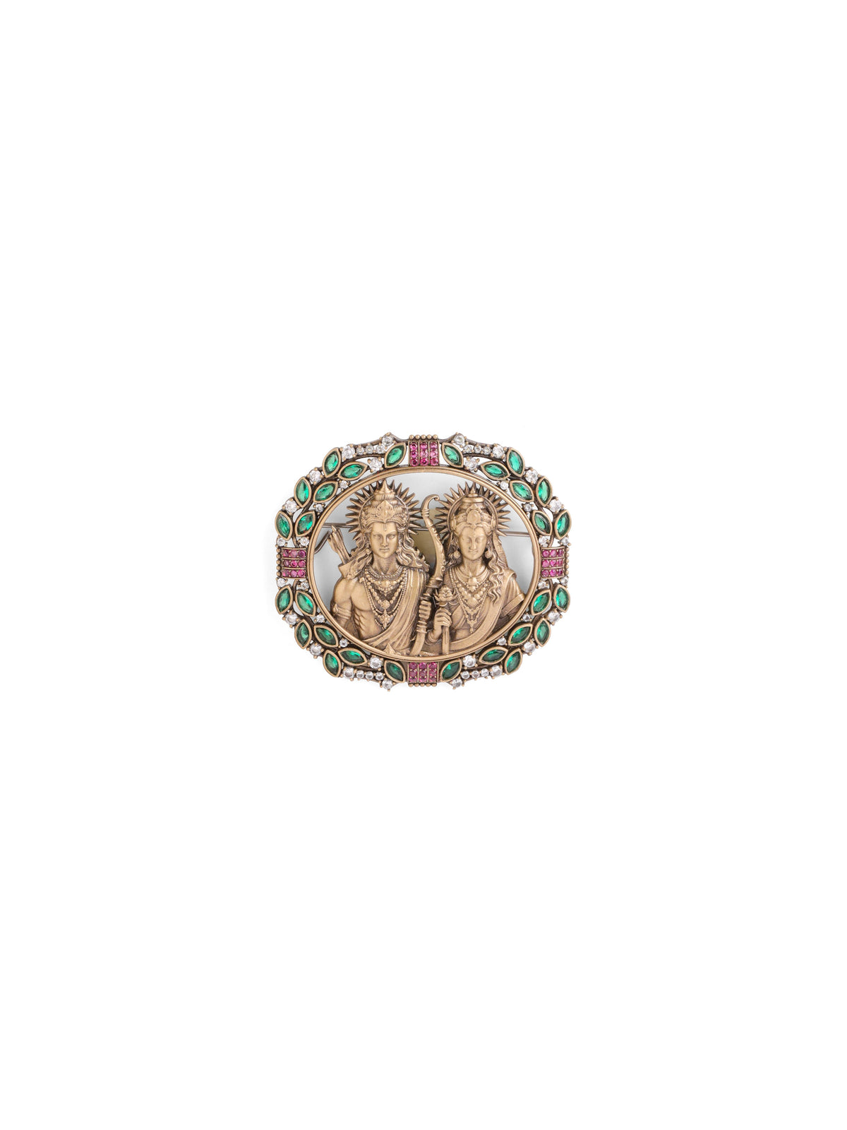 The Jeweled Ram Sita brooch - antique gold brooch for men with jeweled ram sita motif, side view