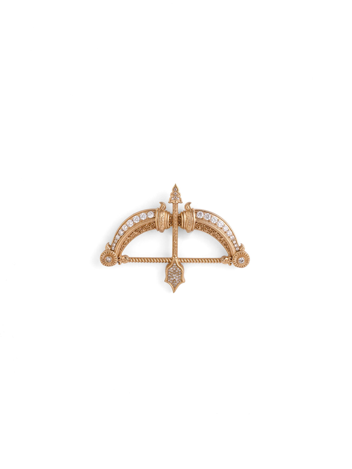 The Royal Dhanush brooch - antique gold brooch for men with royal dhanush motif, flat lay