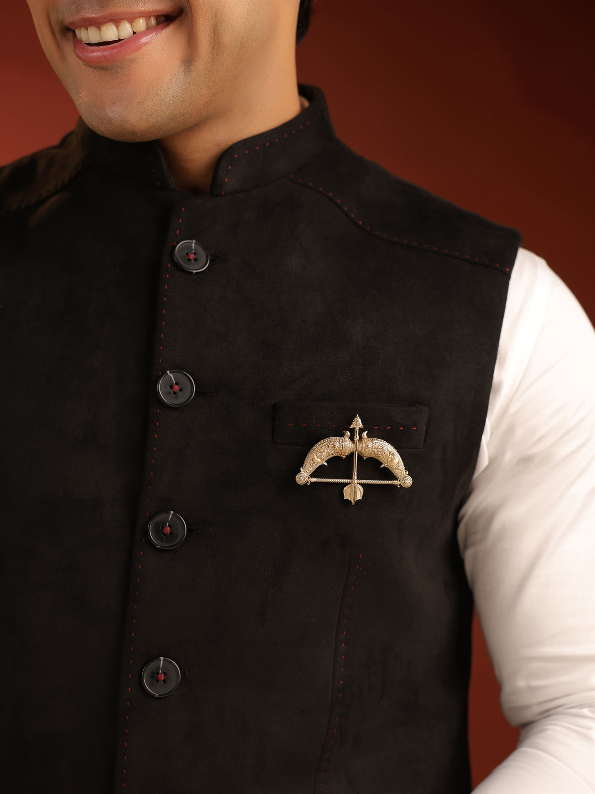 The Heritage Dhanush brooch - antique gold brooch for men with heritage dhanush motif, angled view