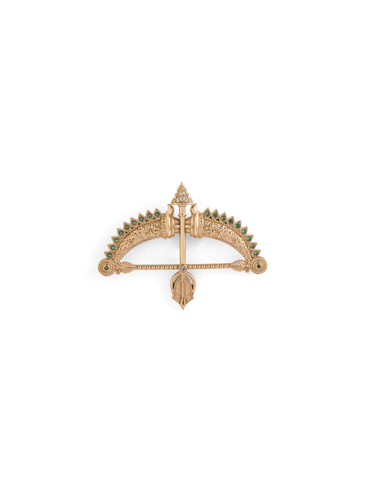 The Emerald Crown Dhanush brooch - antique gold brooch for men with emerald crown dhanush motif, flat lay