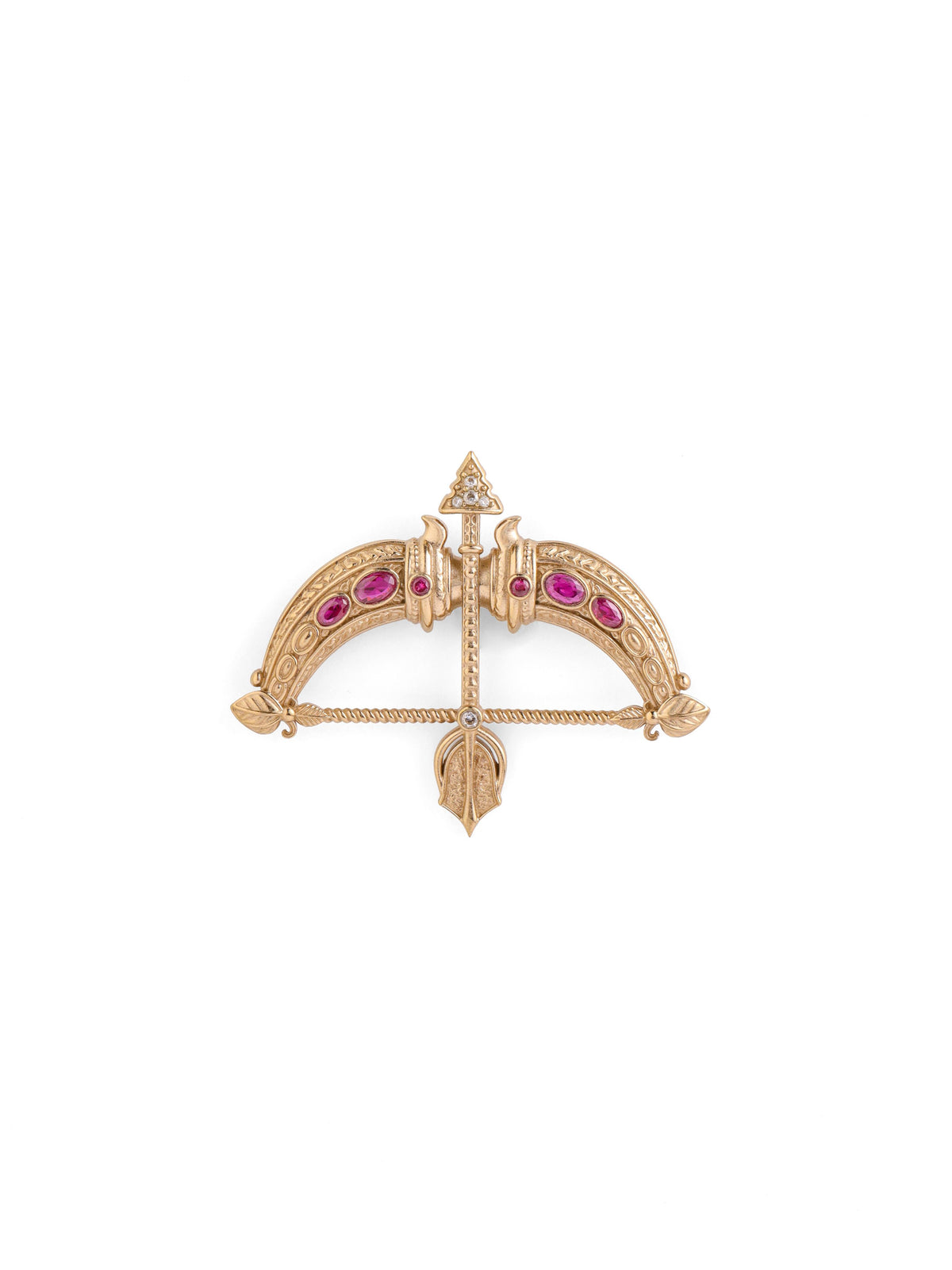 The Ruby Royal Dhanush brooch - antique gold brooch for men with ruby royal dhanush motif, flat lay